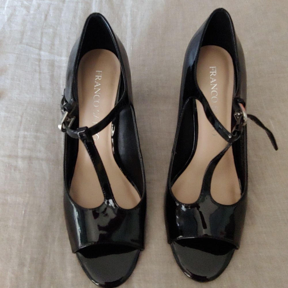 Black patent leather wedge